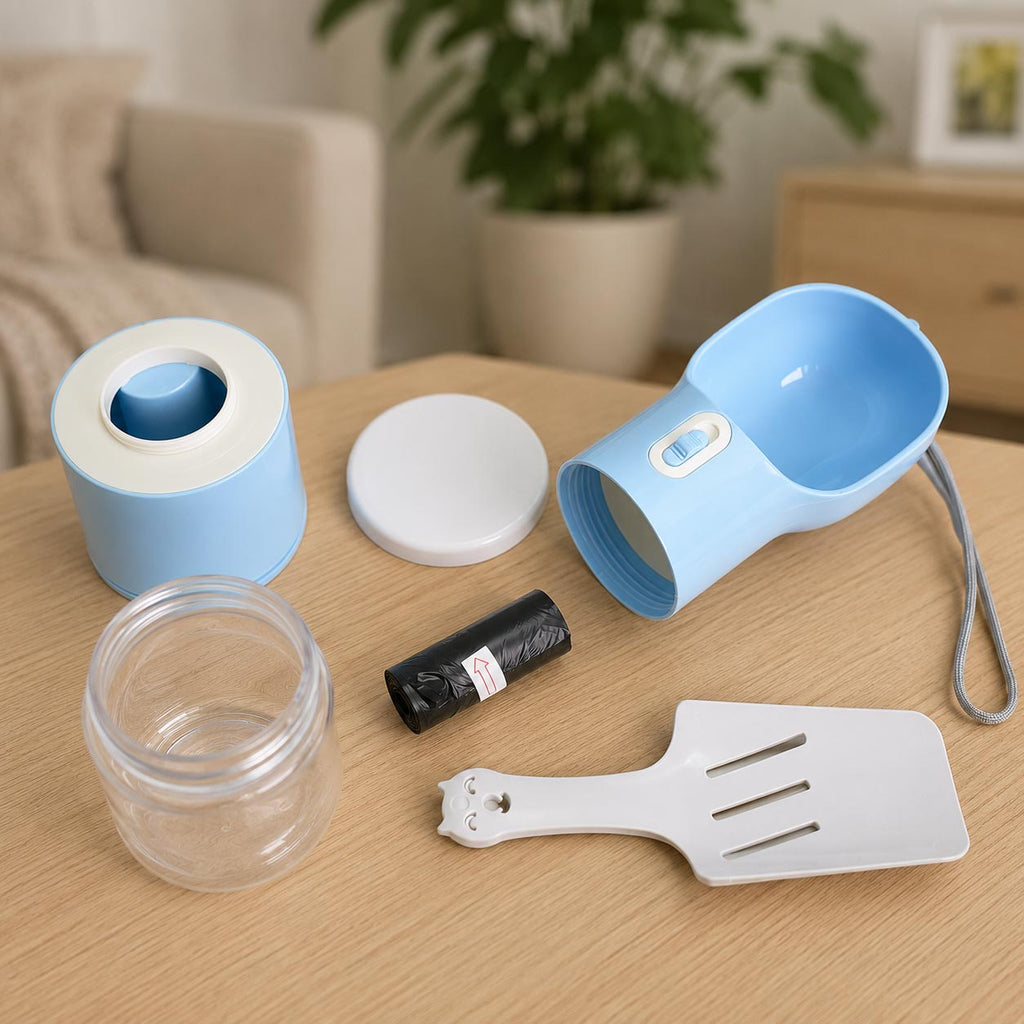 🐶 Botella portátil 4 en 1 para perritos y gatitos activos