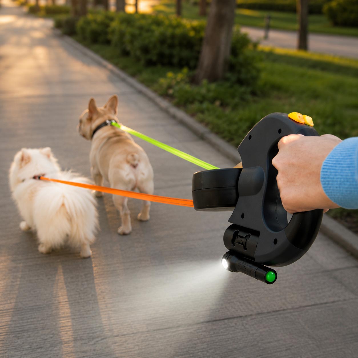 🐕 Correa retráctil doble con linterna para perritos exploradores