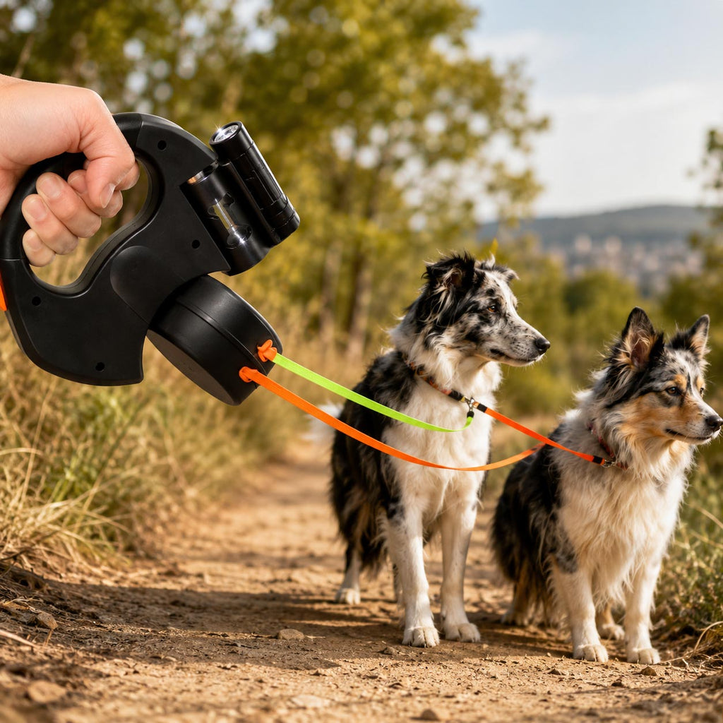 🐕 Correa retráctil doble con linterna para perritos exploradores
