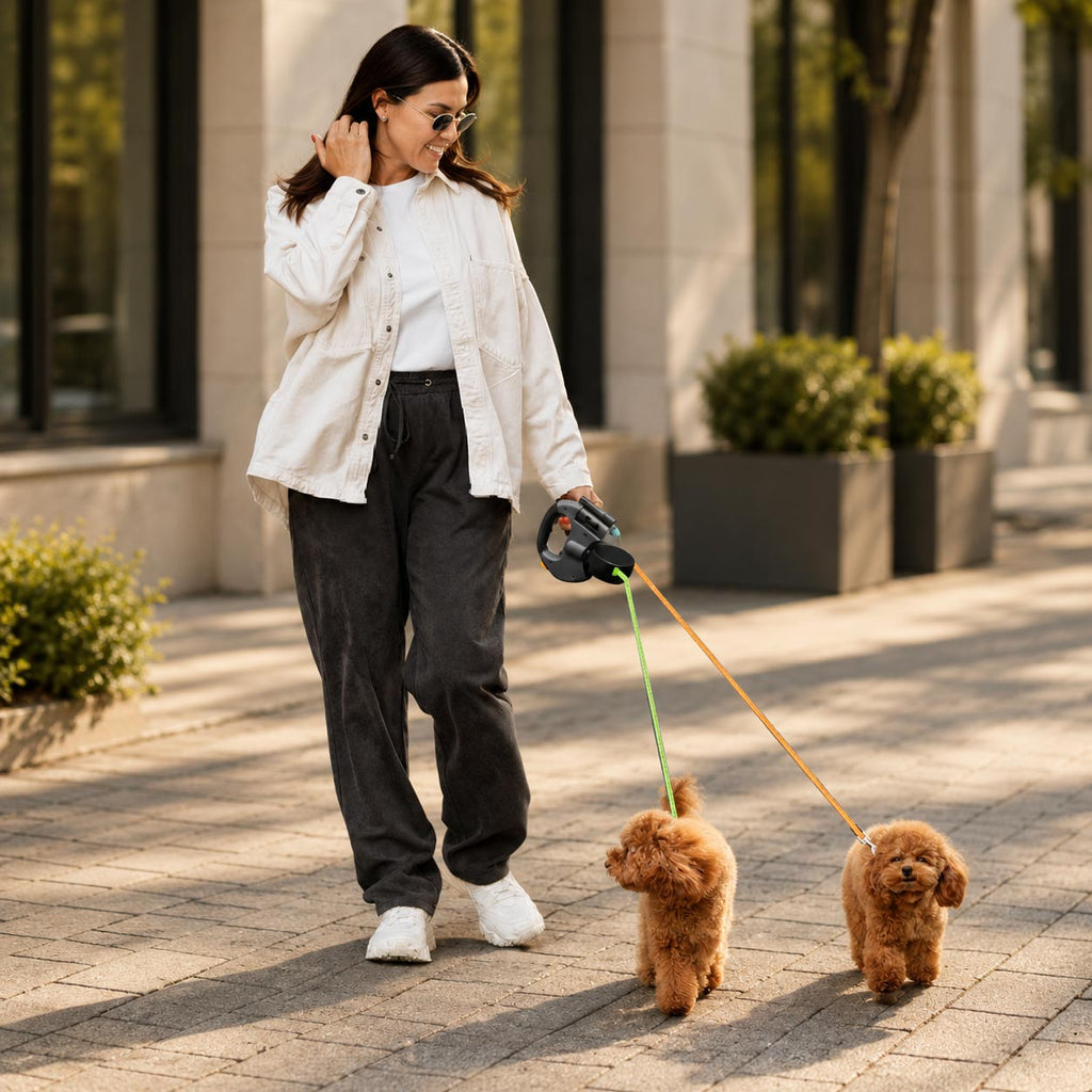🐕 Correa retráctil doble con linterna para perritos exploradores